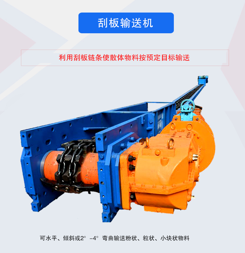 刮板输送机采用刮板链牵引，可水平或倾斜输送散状物料，输送距离长、密封性好无粉尘污染，功率消耗小