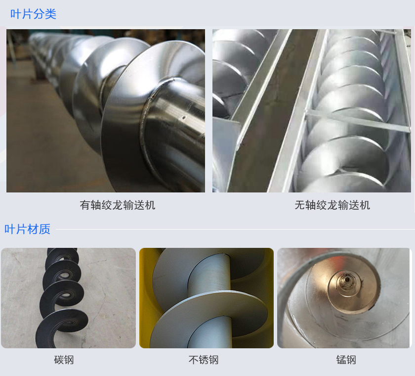 绞龙输送机分为有轴和无轴绞龙输送机，可根据物料不同选择有碳钢、不锈钢、锰钢等材质。